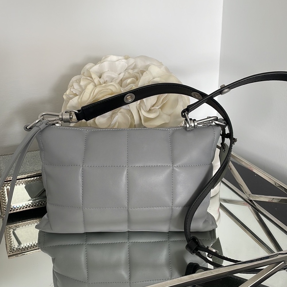 All Saints Quilted Leather Shoulder Bag in Light Gray with Black Strap